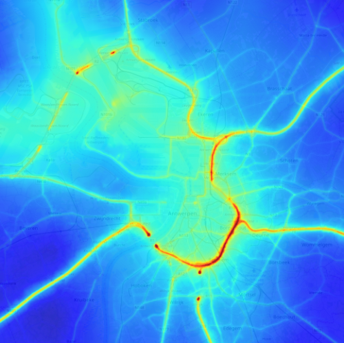 Figure 1: Modelled spatial distribution of NO2 in Antwerp region. Credit: maps.atmosys.eu.