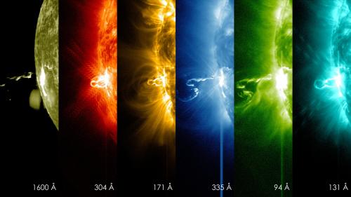 Zonne-uitbarsting in verschillende ultraviolette golflengten