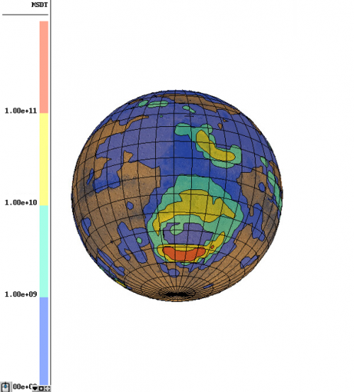 GCM-simulatie van stofdepositie op het oppervlak rond het Hellas-basin
