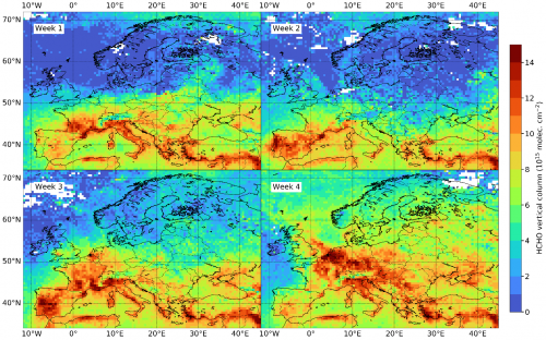 Observations hebdomadaires des colonnes de formaldéhyde au-dessus de l'Europe